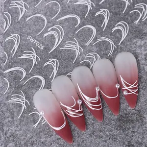 Détails d'autocollants lignes blanches SWT026 sur manucure rose à effet dégradé
