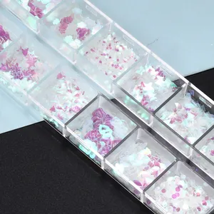 Detailansicht der Aurora-Nagelkunst-Pailletten in einer Multi-Grid-Aufbewahrungsbox