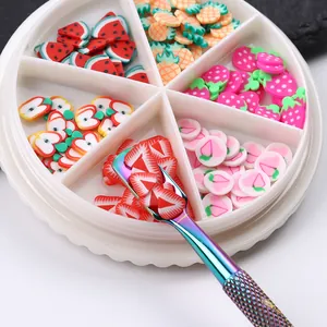 Dettaglio di fette colorate di frutta per nail art in una scatola a 6 scomparti