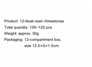 Specifications for aurora resin nail art rhinestones with 12-grid packaging details