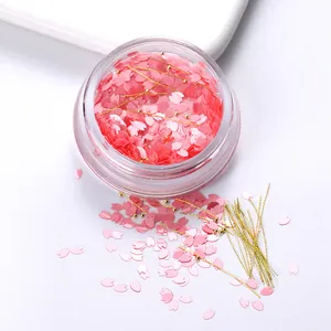 Set decorazioni unghie con paillettes ciliegio rosa e fili dorati in barattolo