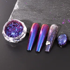 Macro detail of iridescent purple and blue chameleon nail glitter in a clear jar