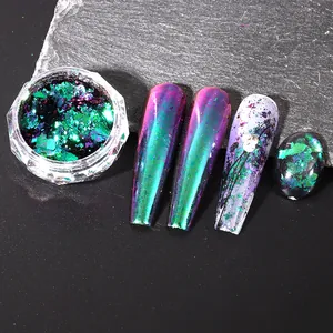 Irregular aurora chameleon nail glitter powder showing blue green purple shifting effect
