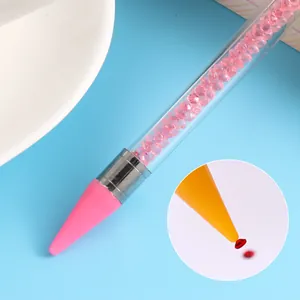 Dual-head acrylic nail dotting wax pen with pink rhinestones for gemstone picking