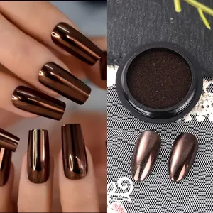 Holographic bronze chrome nail powder for metallic mirror effect on long manicured nails