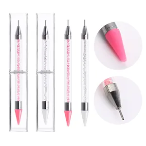 Dual Ended Nail Art Dotting Pen Wax Tip Rhinestone Picker Acrylic Crystal Handle Stainless Steel Pen With Storage Box