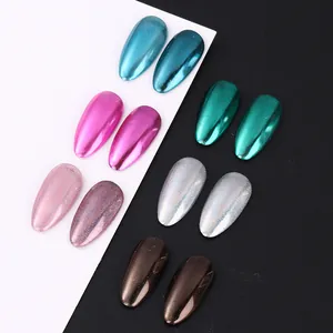Macro detail of laser silver and holographic chrome nail powder palettes in six colors