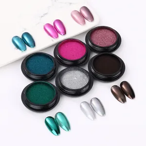 Macro view of 6-color metallic nail chrome powder set with mirror effect finish