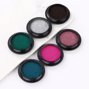Macro shot of 6-color laser chrome nail powder set with metallic holographic effect