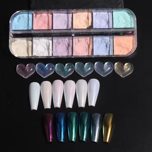 12-Farben Nagel Aurora-Pudersatz mit schillerndem Chrom-Effekt in transparenter Box