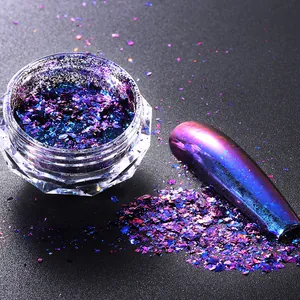 Macro shot of iridescent laser nail glitter sequins in purple and blue chameleon shades
