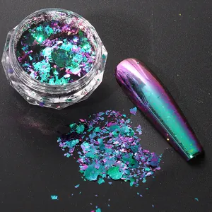 Macro shot of iridescent chameleon nail glitter flakes in purple, green, and blue tones