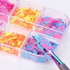 Colorful butterfly and letter nail sequins set with tool in a clear plastic organizer