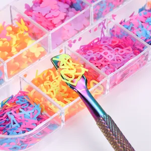 Colorful alphabet and butterfly nail art glitter set in a clear organizer box with tool