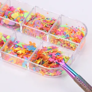 Fluorescent nail art sequins set in storage box with colorful butterfly and star shapes