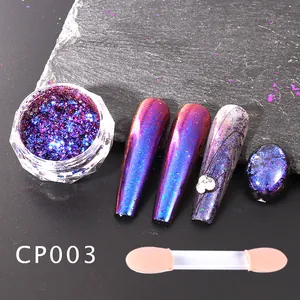 Close-up of CP003 chameleon nail glitter with holographic aurora blue-purple effect