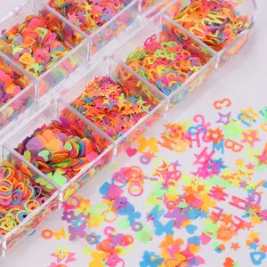 Neon mixed shapes nail art sequins set in 12-grid storage box with stars and hearts