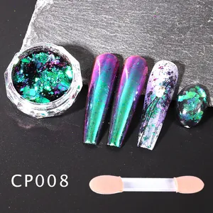 Detailed view of chameleon nail glitter flakes and applicator on display tips