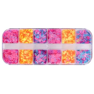12-grid nail art sequins set featuring colorful butterflies, flowers and alphabet shapes