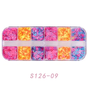 Detailed view of 12-grid nail art sequins with colorful butterflies and stars shapes