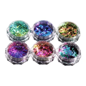 6-jar set of iridescent chameleon nail glitter flakes with holographic laser finish