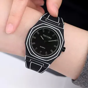 Minimalist 2D cartoon style quartz watch with black silicone strap and white line art