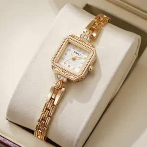 Vintage Square Quartz Watch For Women Elegant Gold Alloy Rhinestone Chain Bracelet Watch Small Dial Luxury Wristwatch