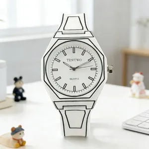 Creative 2D hand-drawn cartoon style quartz watch with black outline white silicone strap