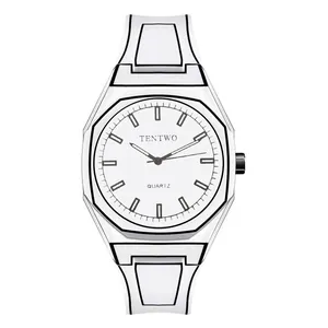 Octagonal 2D cartoon style quartz watch with black and white minimalist line art design