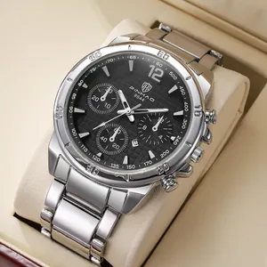 Luxury Pinhao men's quartz chronograph with silver steel strap and black textured dial