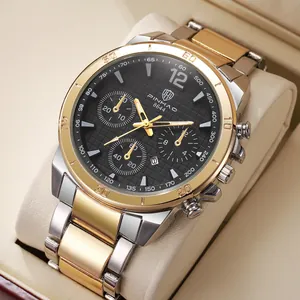 Luxury Men Business Quartz Watch Waterproof Chronograph Style Alloy Stainless Steel Band Luminous Hands Round Dial Wristwatch