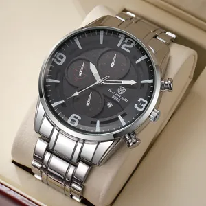 Montre business pour homme avec bracelet en acier argenté et cadran noir multifonction