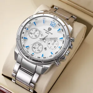 Luxury men's stainless steel quartz watch with white grid dial and blue markers