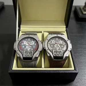 Men's skeleton mechanical watch set with grey and brown silicone straps in a premium gift box