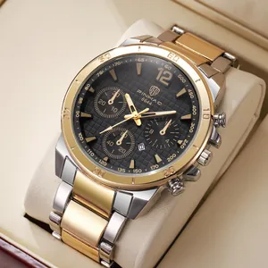 Close-up of luxury chronograph watch with black textured dial and gold accents