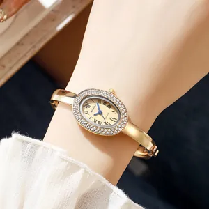 Vintage Luxury Women Oval Rhinestone Bracelet Watch Quartz Analog Roman Numerals Alloy Bangle Wristwatch For Party Daily Gift