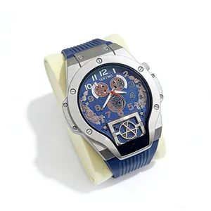 Men's sports watch with blue silicone strap and golden dragon relief dial design