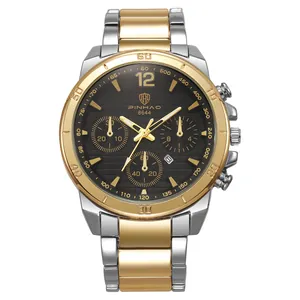 Luxury waterproof men's quartz watch with two-tone steel strap and black textured dial
