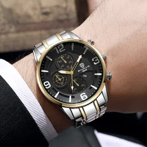 Montre quartz business avec bracelet en acier bicolore et cadran chronographe noir