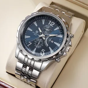 Men's business quartz watch with blue sunray dial and silver steel strap in a gift box