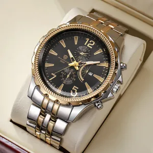 Macro detail of men's business chronograph watch with golden steel strap in display box
