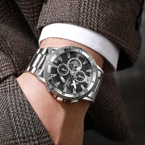 Men's business chronograph watch with steel strap and black dial on a suit sleeve