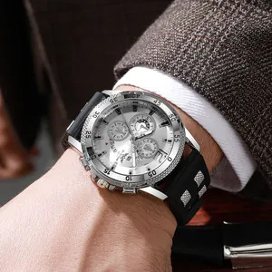 Montre sport pour homme avec cadran chronographe argenté et bracelet en silicone noir