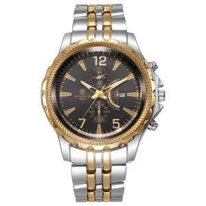 Men's two-tone multifunction business watch with gold-silver steel band and black dial