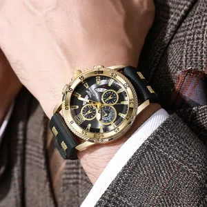 Montre chronographe à quartz pour homme avec boîtier doré et bracelet en silicone noir
