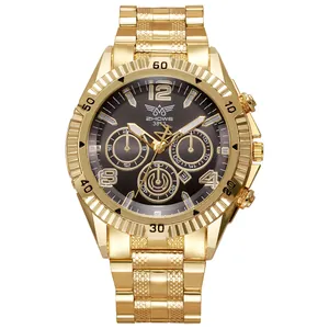 Montre homme en acier inoxydable doré avec cadran chronographe multifonctionnel noir