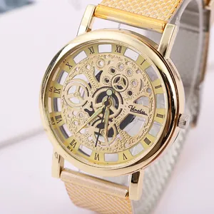 Classic gold men's watch with skeleton dial and mesh band showing roman numerals
