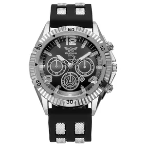 Chronograaf horloge voor heren met zilveren metalen kast en zwarte siliconen band