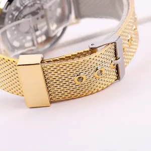Classic men's quartz watch with elegant gold mesh metal strap and pin buckle closure