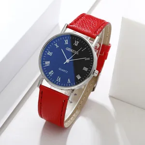 Classic men's quartz watch with red leather strap and blue Roman numeral dial